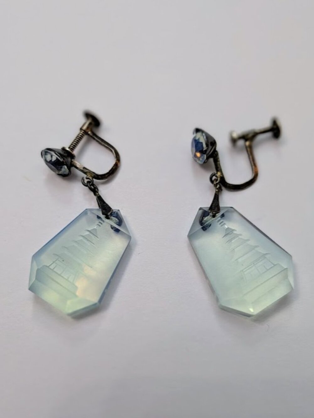 Vintage Art Deco Blue Intaglio Glass Pagoda Screw Back Earrings
